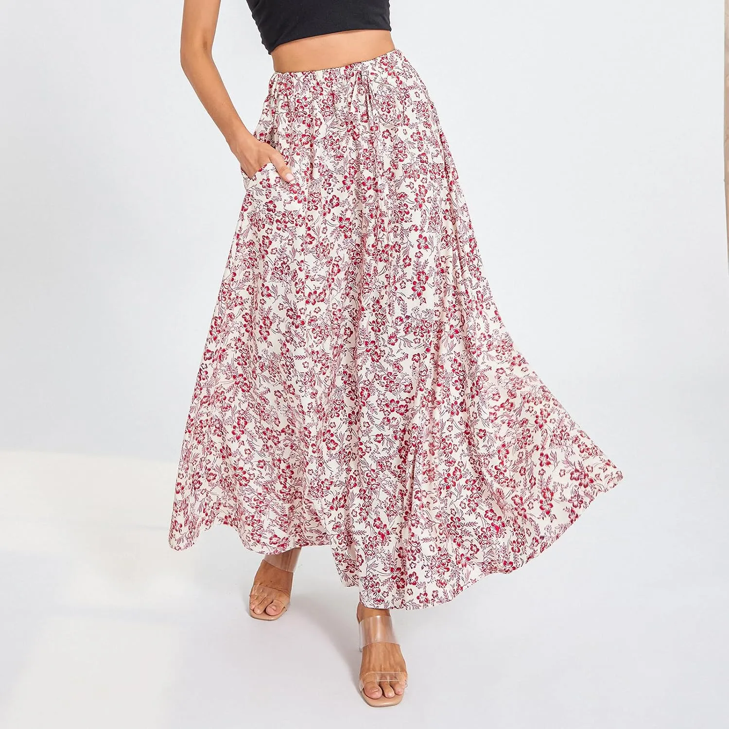 Womens Flowy Maxi Skirt Vintage Floral Print High Waist Elastic A Line Boho Beach Holiday Long Skirts