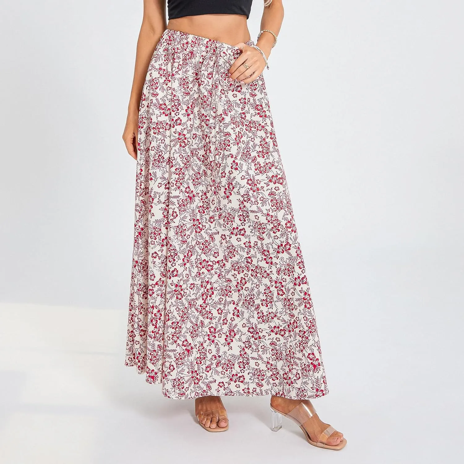 Womens Flowy Maxi Skirt Vintage Floral Print High Waist Elastic A Line Boho Beach Holiday Long Skirts