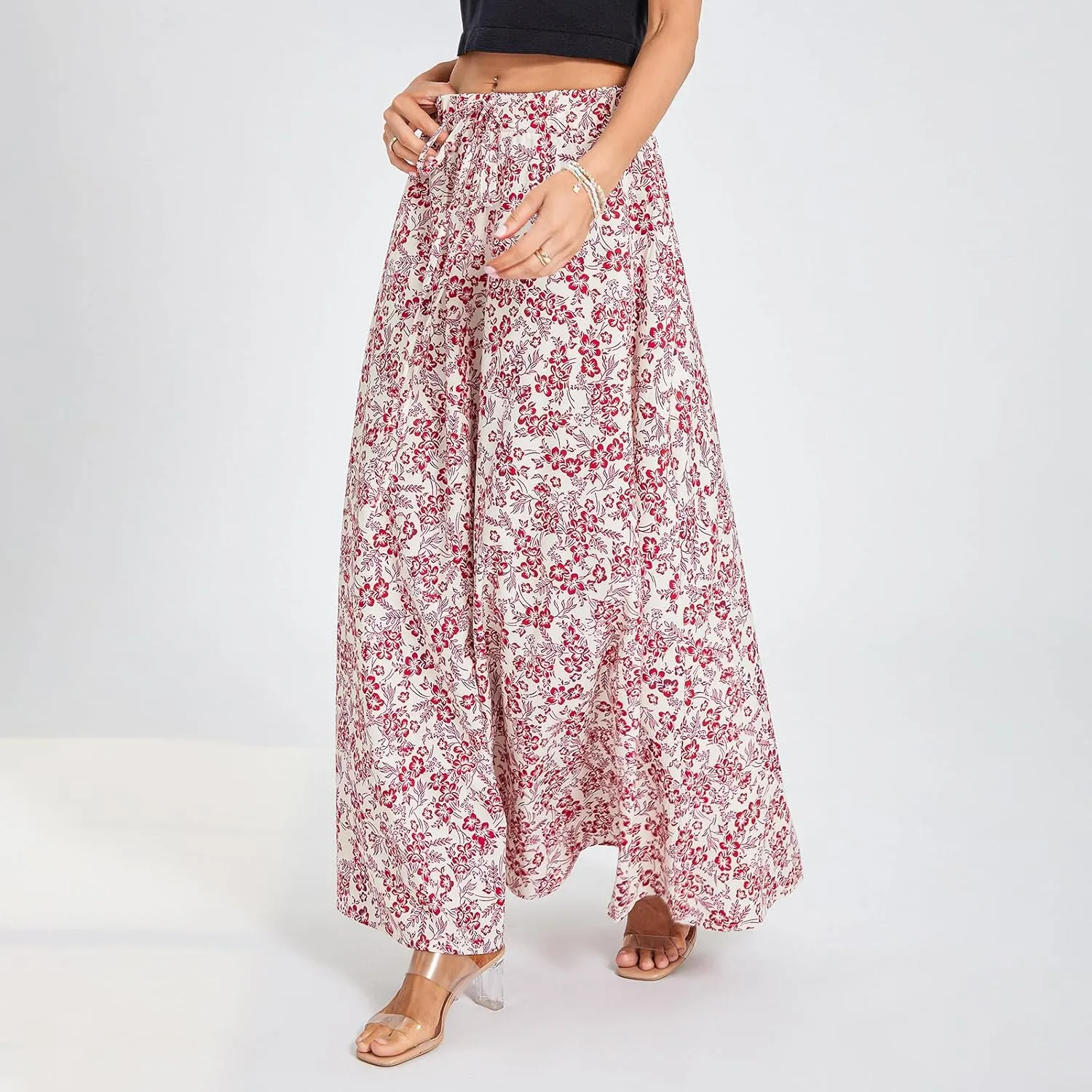 Womens Flowy Maxi Skirt Vintage Floral Print High Waist Elastic A Line Boho Beach Holiday Long Skirts
