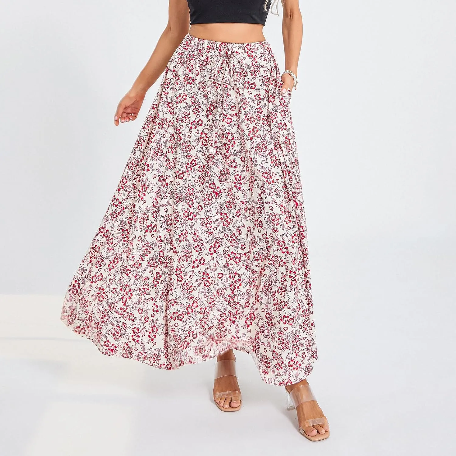 Womens Flowy Maxi Skirt Vintage Floral Print High Waist Elastic A Line Boho Beach Holiday Long Skirts