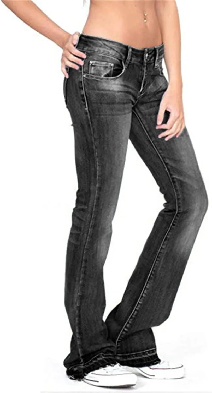 Women's Fringe Washed Bootleg Jeans Ripped Flare Low Rise Fitted Denim Pants Classic Stretch Curvy Bootcut Jeans