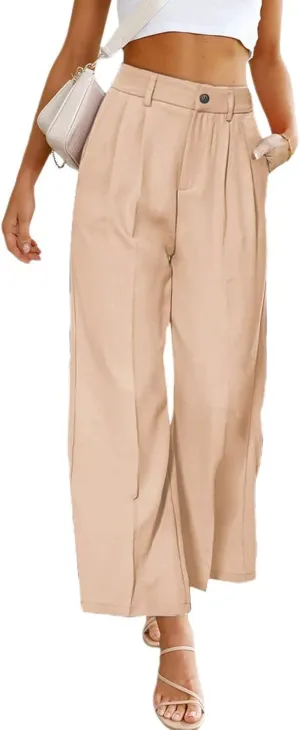 Women's Half-Elastic Waist Dress Pants Wide Leg Cropped Trousers for Business Casual Work