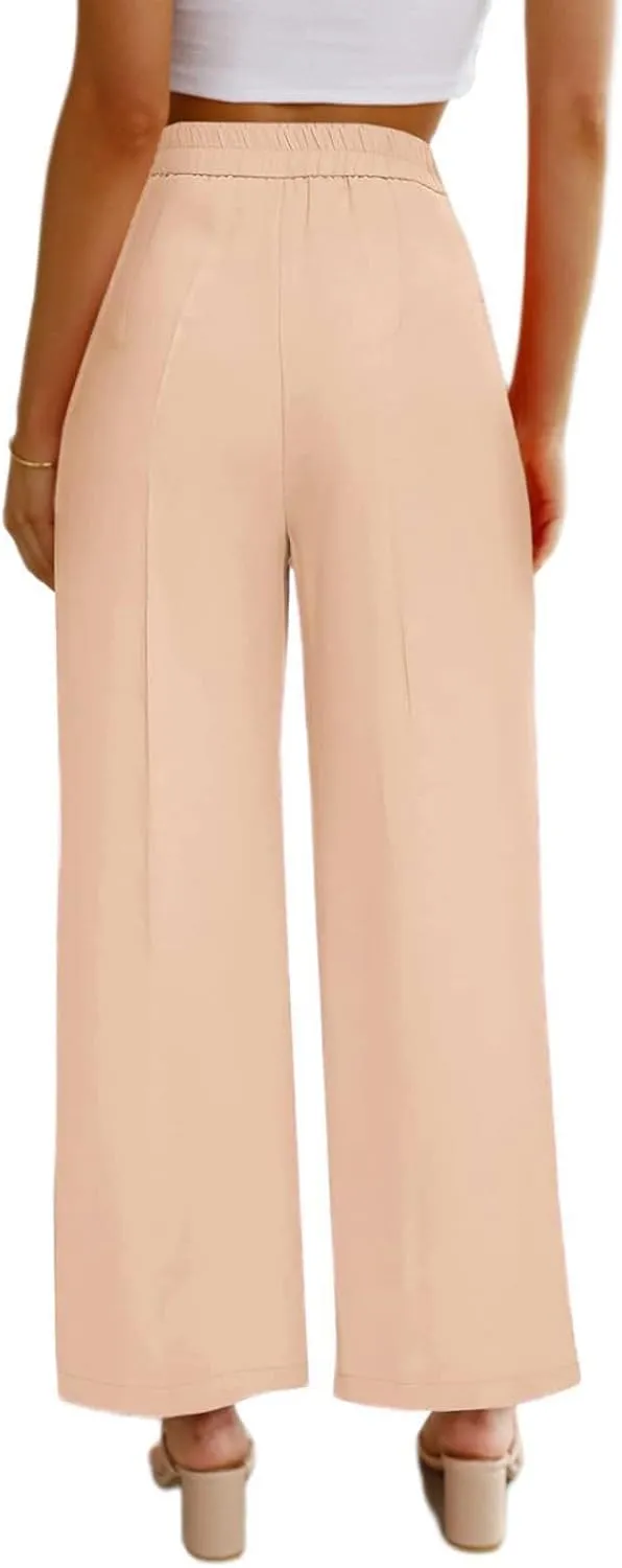 Women's Half-Elastic Waist Dress Pants Wide Leg Cropped Trousers for Business Casual Work