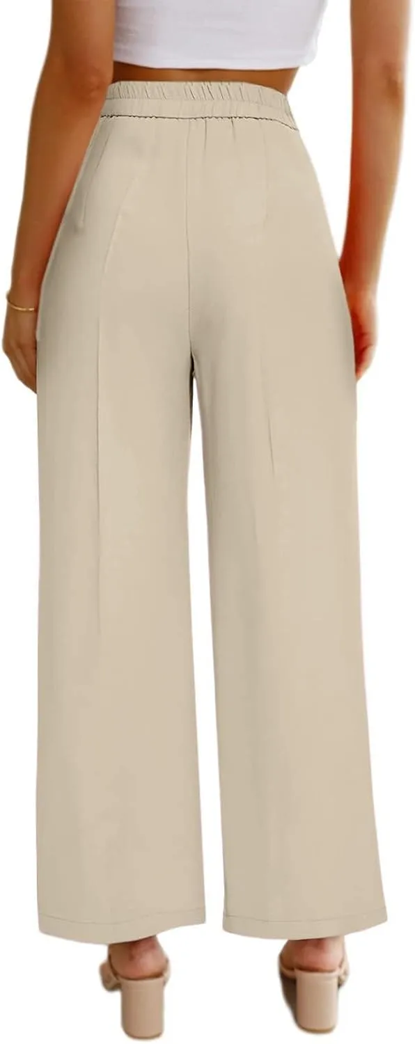 Women's Half-Elastic Waist Dress Pants Wide Leg Cropped Trousers for Business Casual Work