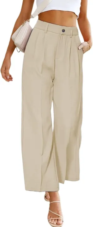 Women's Half-Elastic Waist Dress Pants Wide Leg Cropped Trousers for Business Casual Work