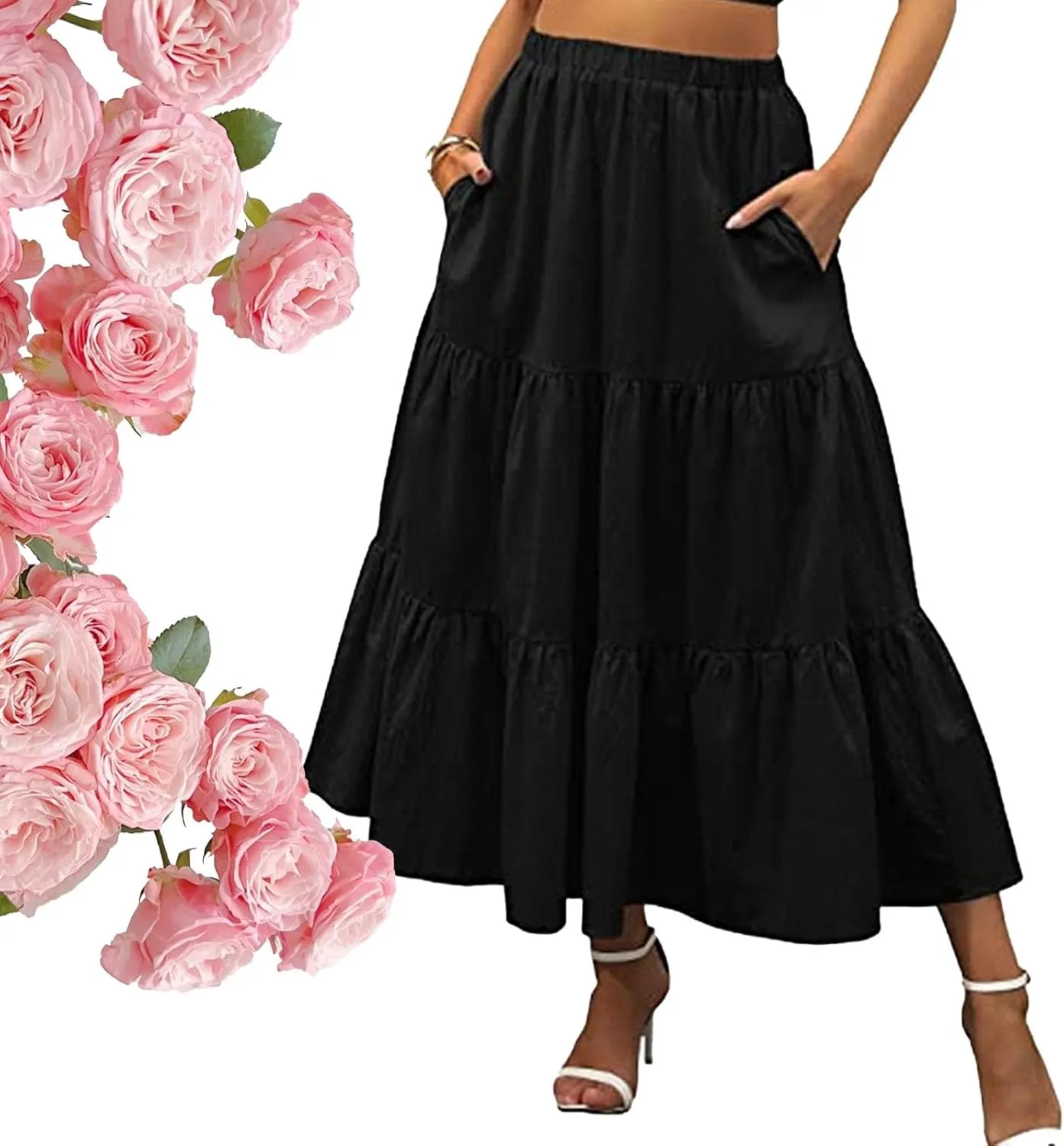 Women's High Elastic Waist Midi Skirt Casual Summer Trendy, Front Flowy Ruffle Boho Midi Skirts for Women