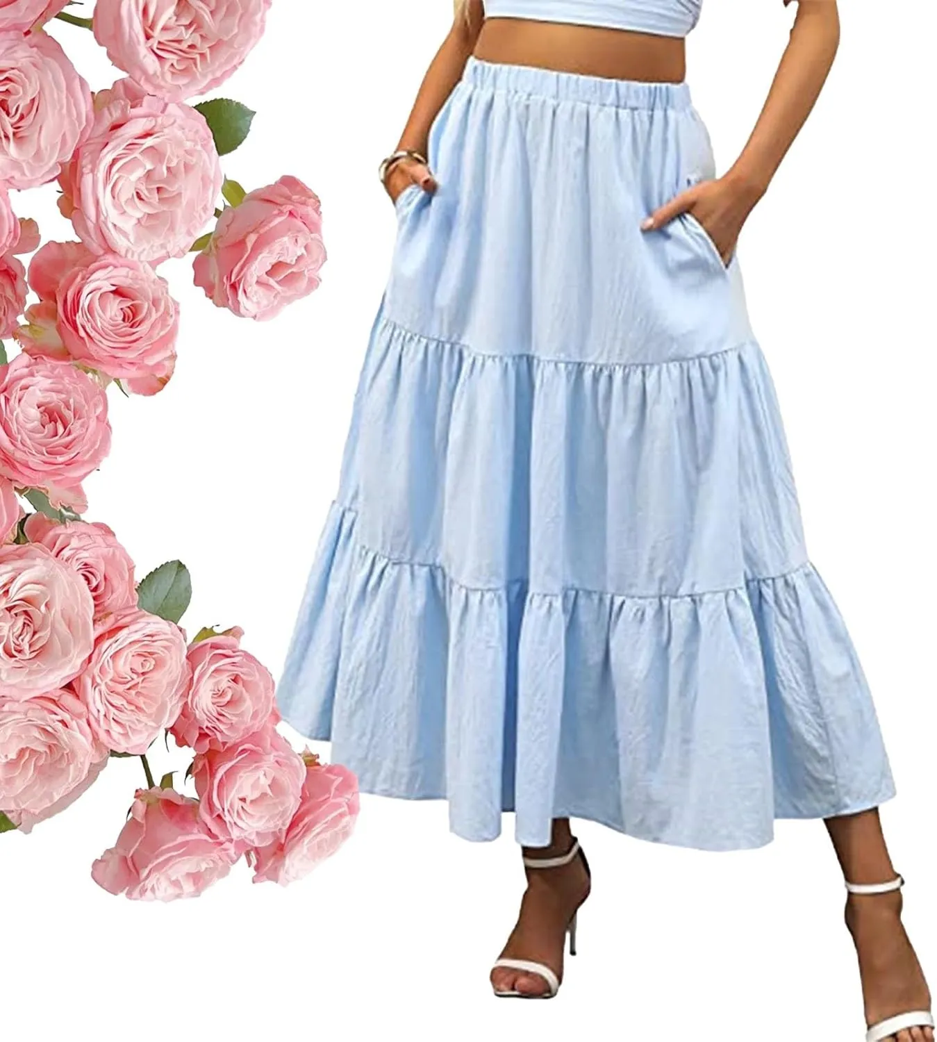 Women's High Elastic Waist Midi Skirt Casual Summer Trendy, Front Flowy Ruffle Boho Midi Skirts for Women