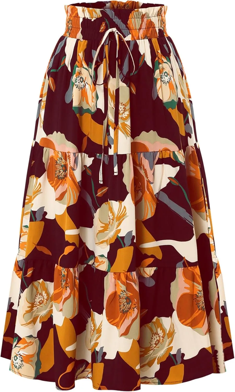 Womens High Waist Skirts Pleated Skirt Elastic Waist A-Line Midi Length Skirt Boho Floral Print Skirt with Drawstring