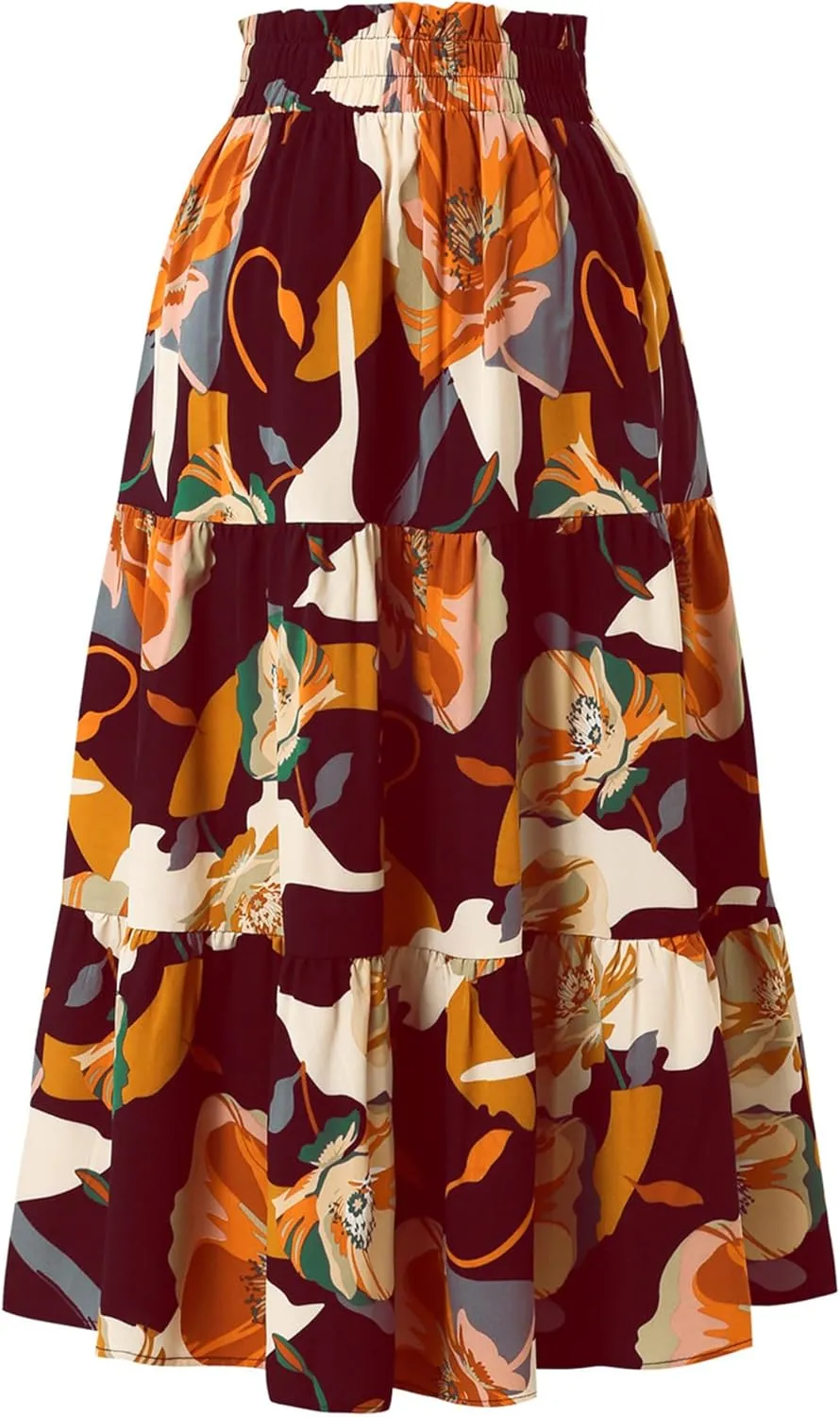 Womens High Waist Skirts Pleated Skirt Elastic Waist A-Line Midi Length Skirt Boho Floral Print Skirt with Drawstring