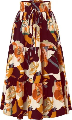 Womens High Waist Skirts Pleated Skirt Elastic Waist A-Line Midi Length Skirt Boho Floral Print Skirt with Drawstring