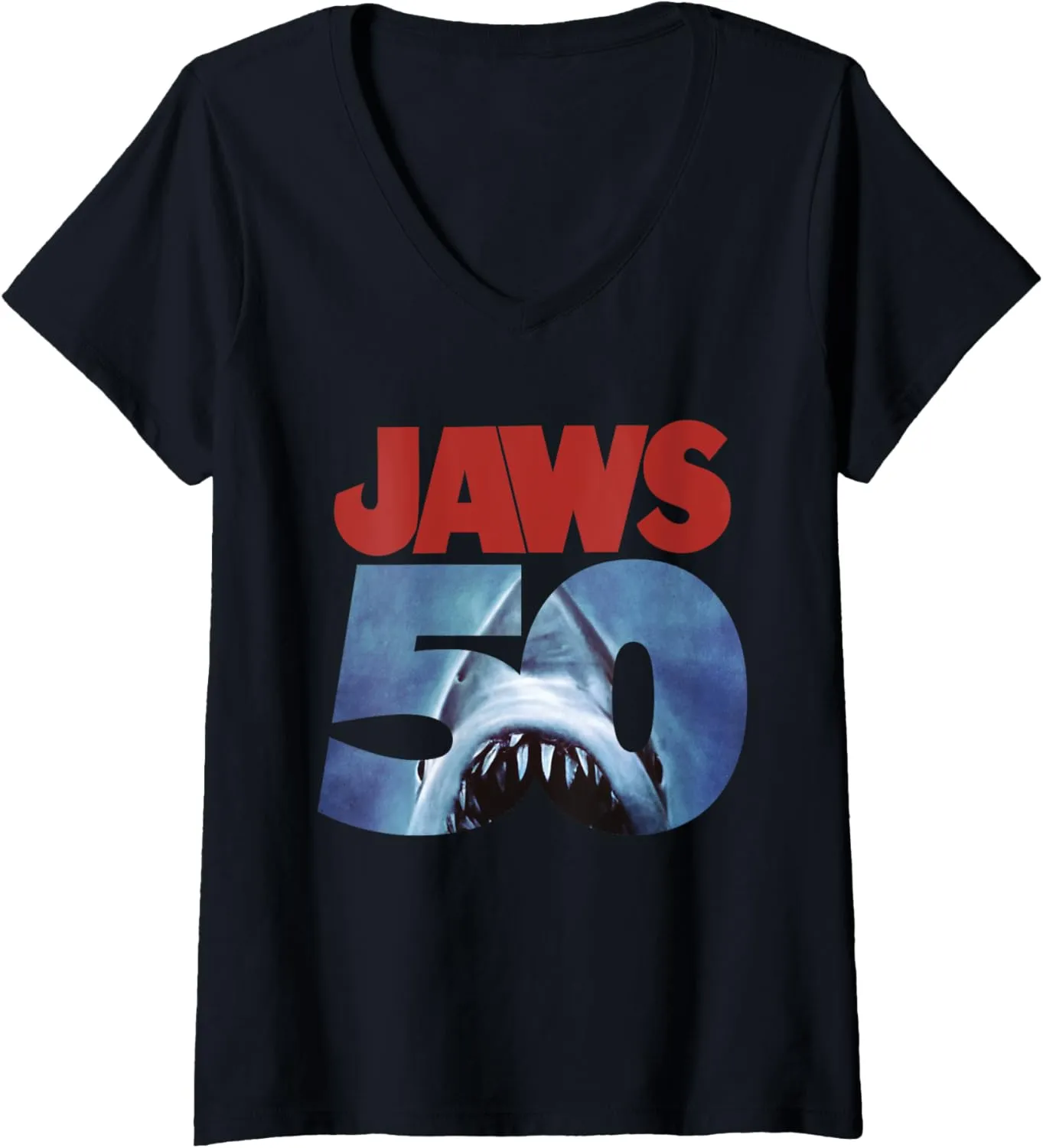 Womens Jaws 50th Anniversary Logo Front & Back V-Neck T-Shirt