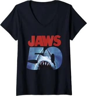 Womens Jaws 50th Anniversary Logo Front & Back V-Neck T-Shirt