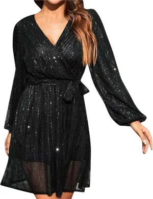 Women's Lantern Long Sleeve V Neck Sequin Cocktail Party Dress Plus Size Dresses for Women Wedding Guest with Belt