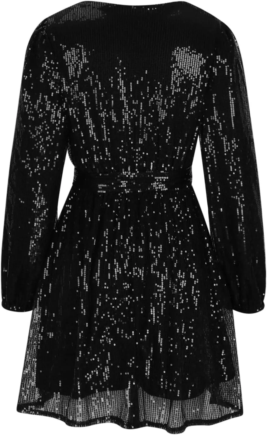 Women's Lantern Long Sleeve V Neck Sequin Cocktail Party Dress Plus Size Dresses for Women Wedding Guest with Belt