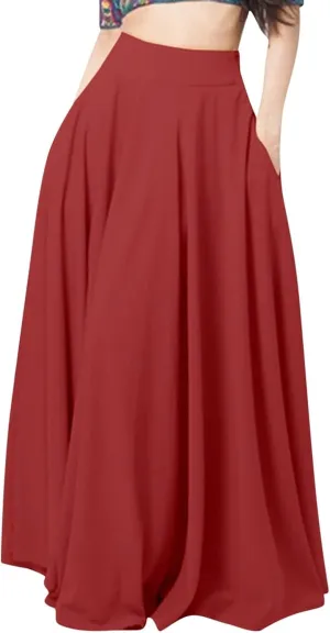Womens Party Skirt High Waisted A Line Skirts Solid Color Midi Long Shirring Pleated Skirts Casual Skirt for Women