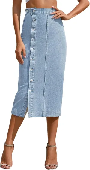 Women's Pencil Jean Skirt High Waisted A-Line Skirts Ins Button Down Side Split Hem Stretch Skirt
