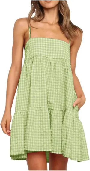 Womens Plaid A-line Dresses Shoulder Straps Ruffle Hem Casual Mini Dress with Side Pockets Short Mini Cami Sundresses