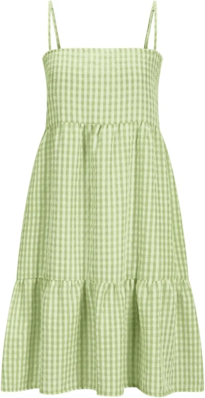 Womens Plaid A-line Dresses Shoulder Straps Ruffle Hem Casual Mini Dress with Side Pockets Short Mini Cami Sundresses