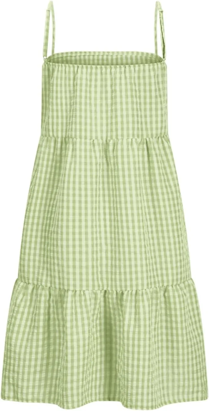 Womens Plaid A-line Dresses Shoulder Straps Ruffle Hem Casual Mini Dress with Side Pockets Short Mini Cami Sundresses