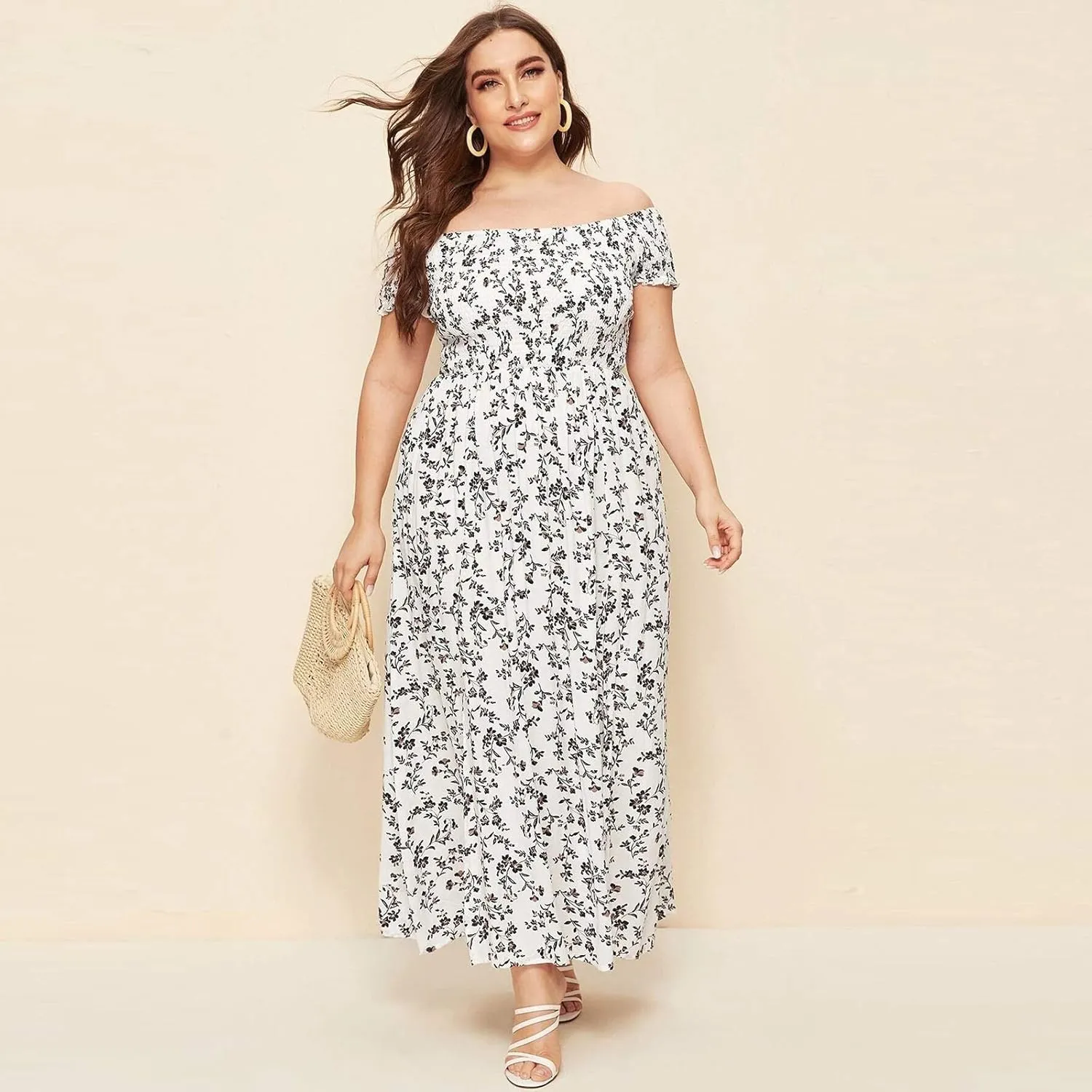 Women's Plus Size Maxi Long Dress Sexy Off Shoulder Sundress Bohemian Style Floral Print Slit Dress Vestidos