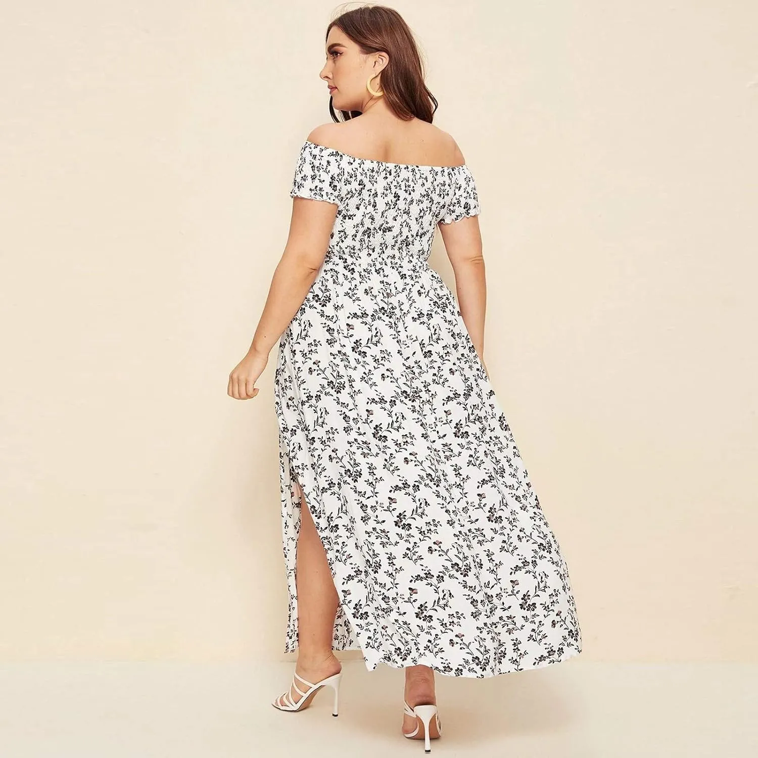 Women's Plus Size Maxi Long Dress Sexy Off Shoulder Sundress Bohemian Style Floral Print Slit Dress Vestidos
