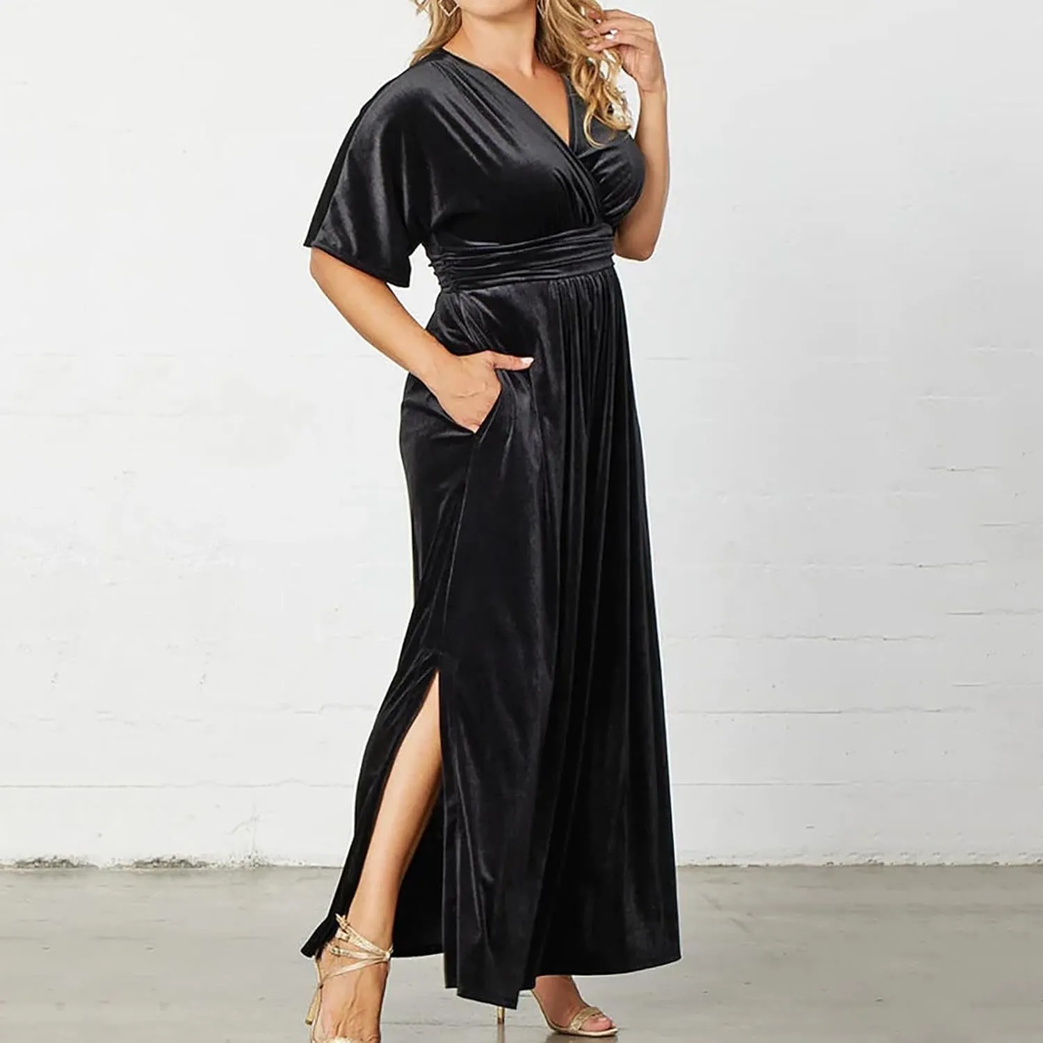 Womens Plus Size Short Sleeve Flowy Midi Dresses Summer Casual V Neck Dress Solid Cocktail Party Dress with Pockets