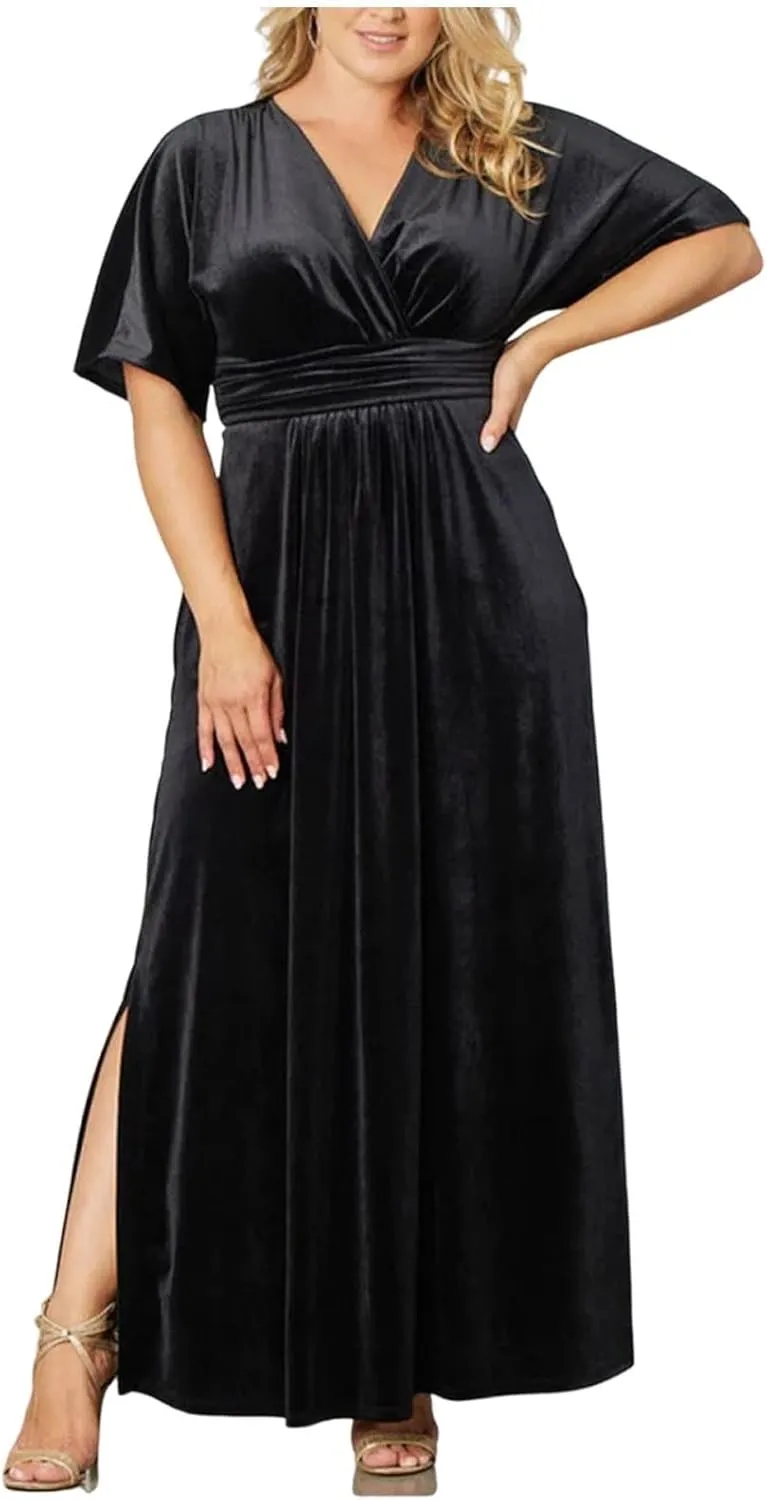 Womens Plus Size Short Sleeve Flowy Midi Dresses Summer Casual V Neck Dress Solid Cocktail Party Dress with Pockets