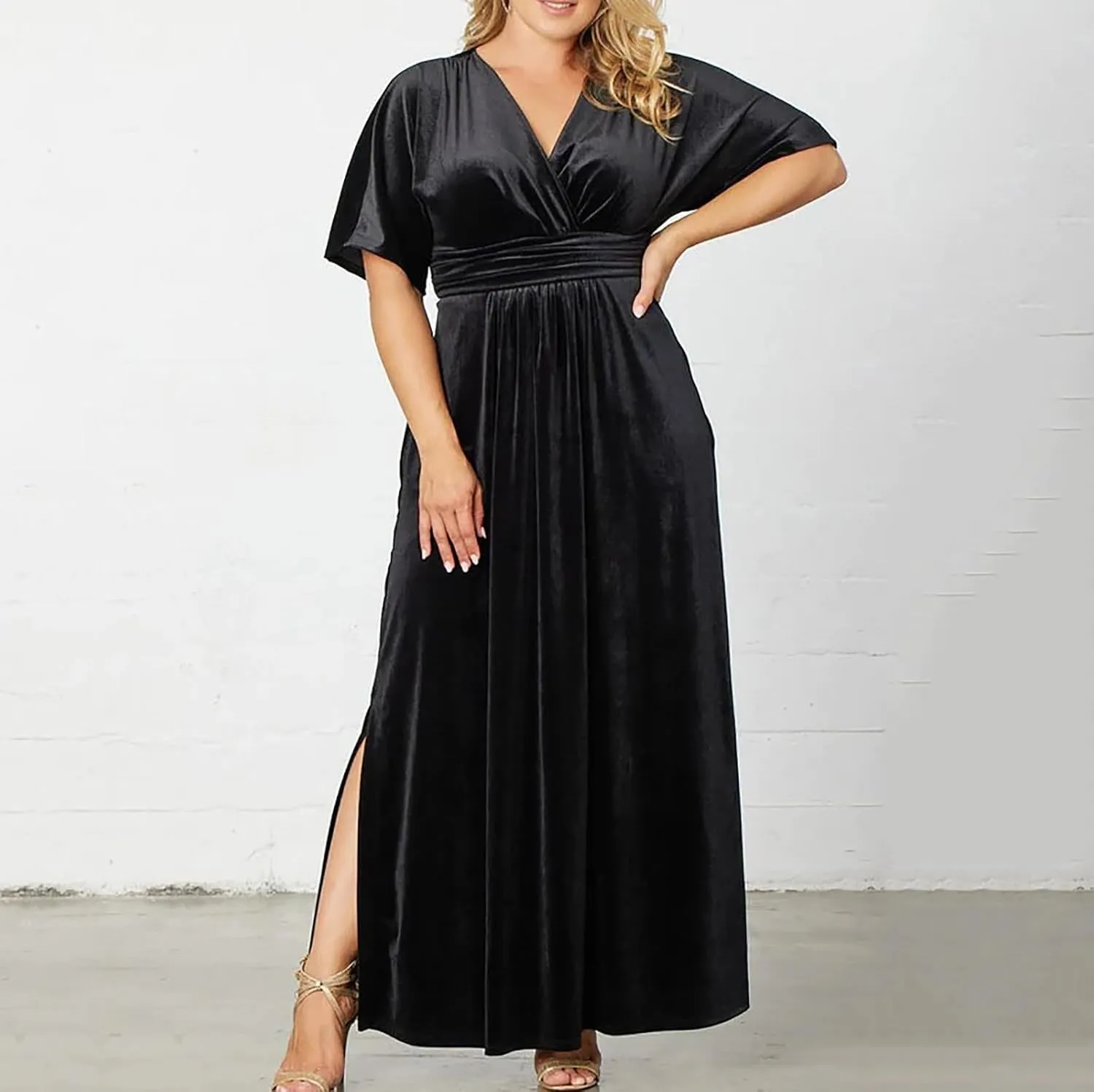 Womens Plus Size Short Sleeve Flowy Midi Dresses Summer Casual V Neck Dress Solid Cocktail Party Dress with Pockets