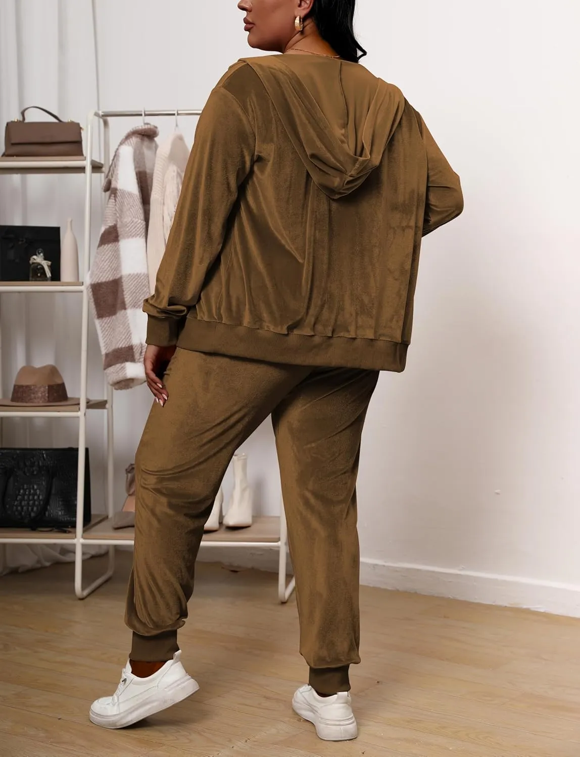 Women's Plus Size Two Piece Outfits Velour Sweatsuits Sets Long Sleeve Loungewear Tracksuit Sets