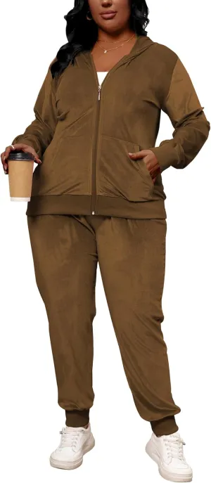 Women's Plus Size Two Piece Outfits Velour Sweatsuits Sets Long Sleeve Loungewear Tracksuit Sets