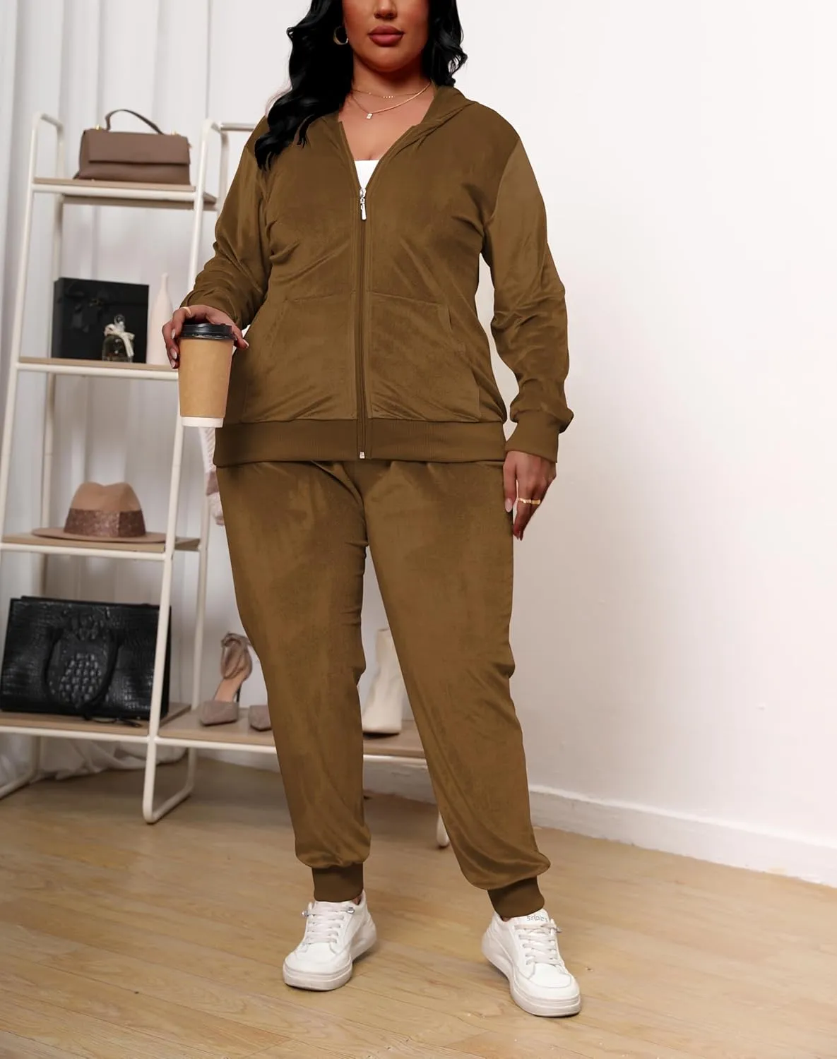 Women's Plus Size Two Piece Outfits Velour Sweatsuits Sets Long Sleeve Loungewear Tracksuit Sets