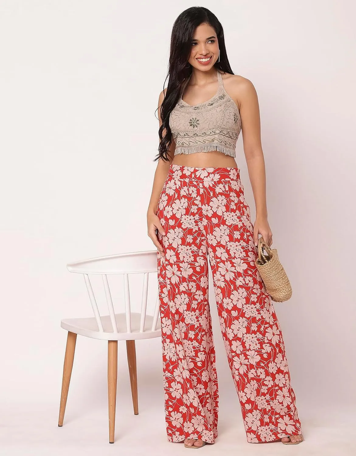 Women's Printed Palazzo Pants, High Waist Ankle Length Wide Leg Trousers