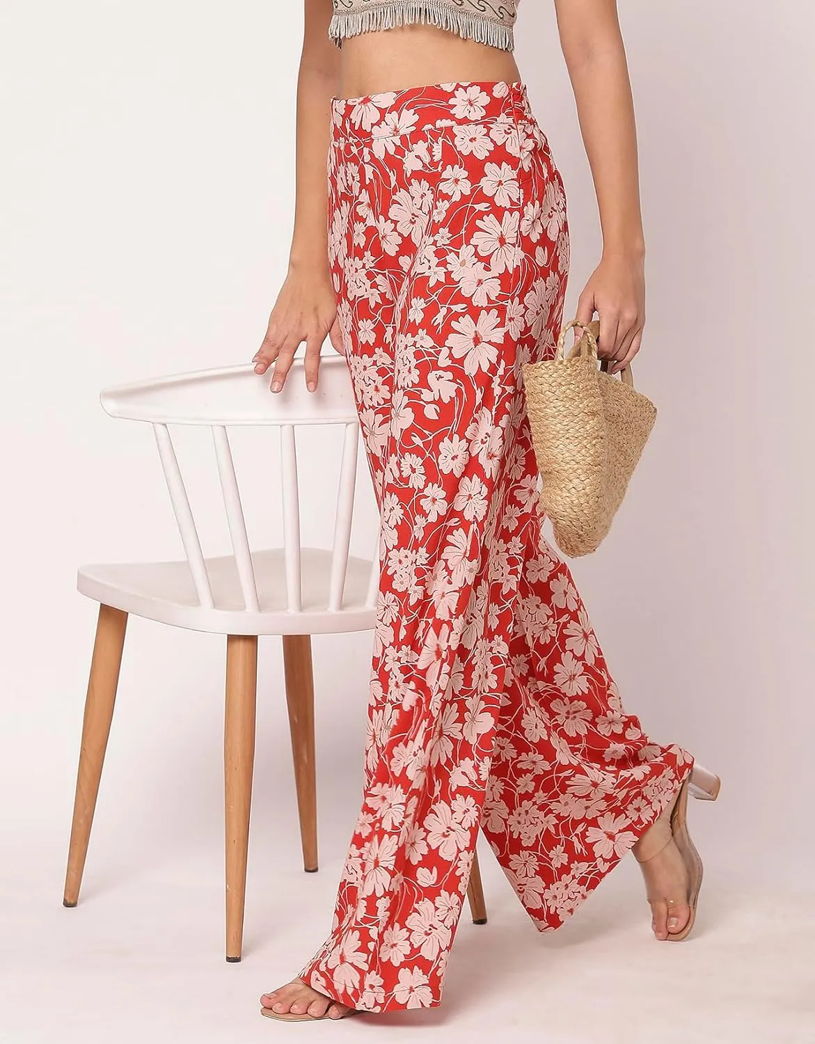 Women's Printed Palazzo Pants, High Waist Ankle Length Wide Leg Trousers