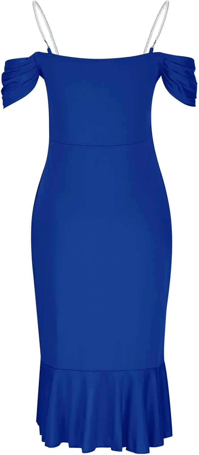 Womens Sexy Bodycon Party Dress Off The Shoulder Pearls Strap Midi Dresses Ruffle Hem Elegant Cocktail Formal Dresses