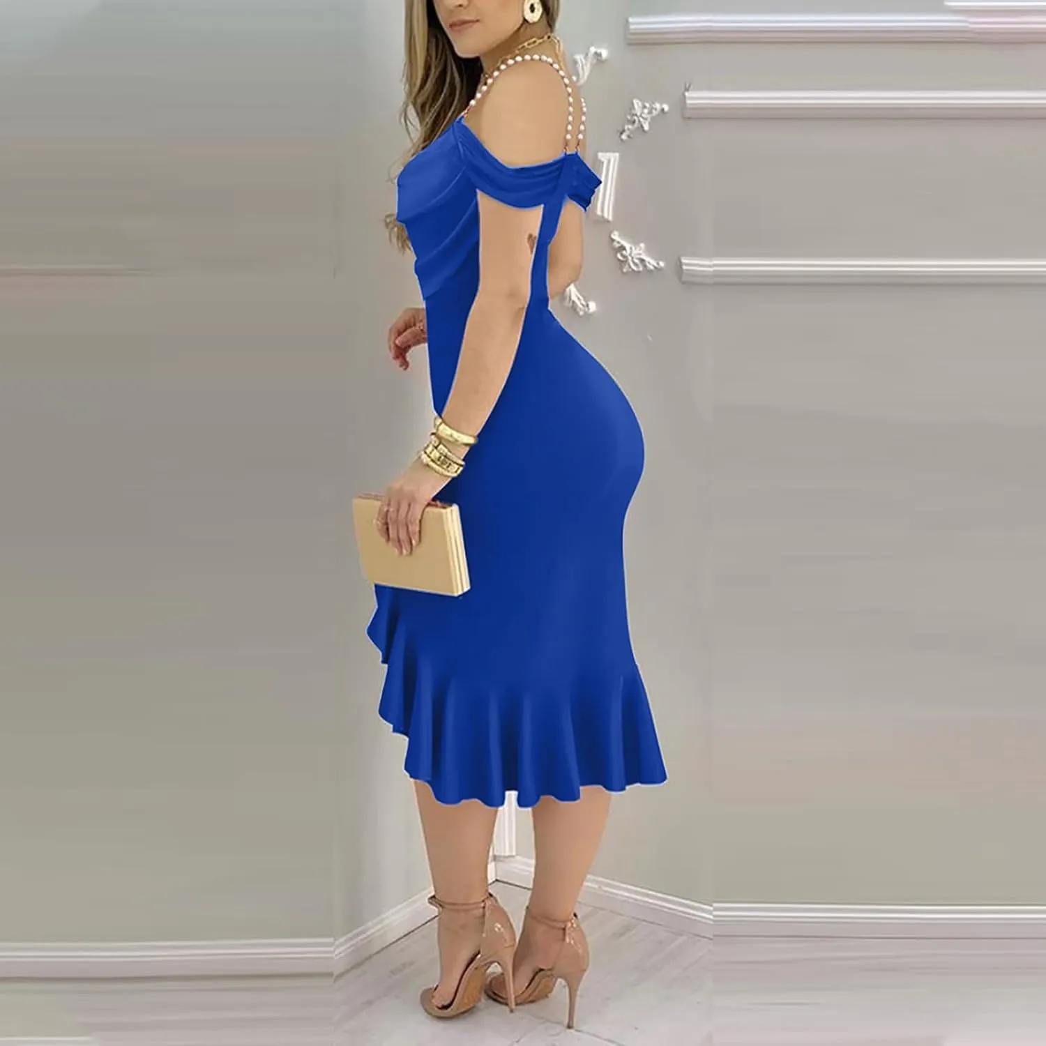 Womens Sexy Bodycon Party Dress Off The Shoulder Pearls Strap Midi Dresses Ruffle Hem Elegant Cocktail Formal Dresses