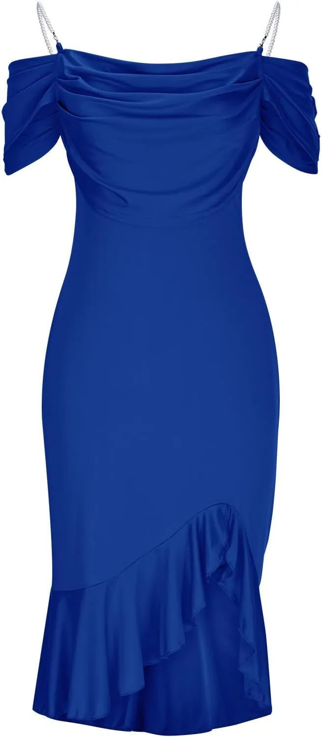 Womens Sexy Bodycon Party Dress Off The Shoulder Pearls Strap Midi Dresses Ruffle Hem Elegant Cocktail Formal Dresses