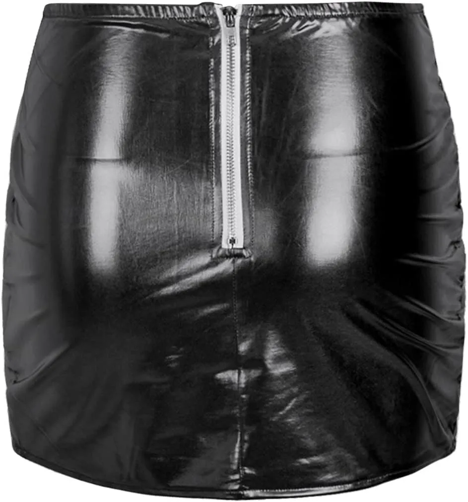 Women's Sexy High Waist Faux Leather Lace Up Side Hollow Out Bodycon Tight Mini Skirt Shiny Metallic Ruched Skirts