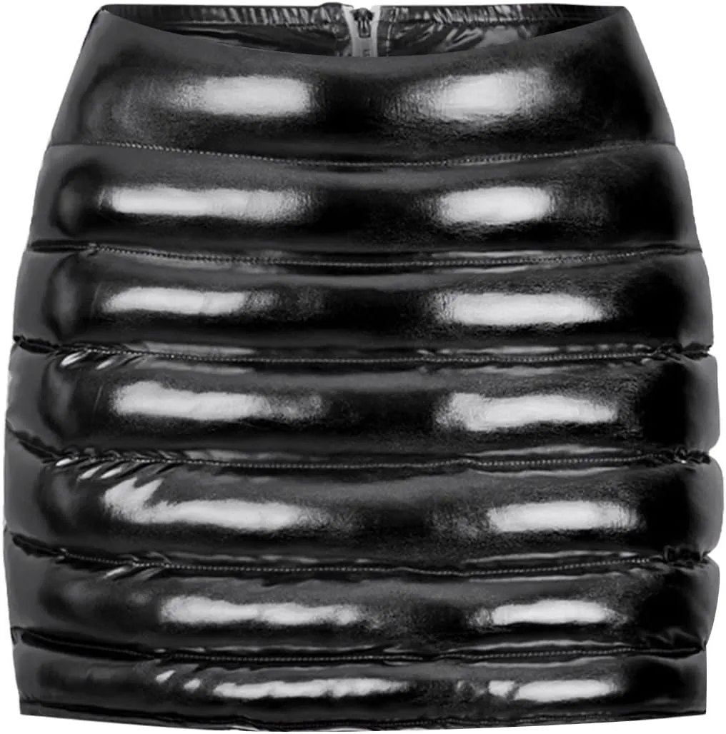 Women's Sexy High Waist Faux Leather Lace Up Side Hollow Out Bodycon Tight Mini Skirt Shiny Metallic Ruched Skirts