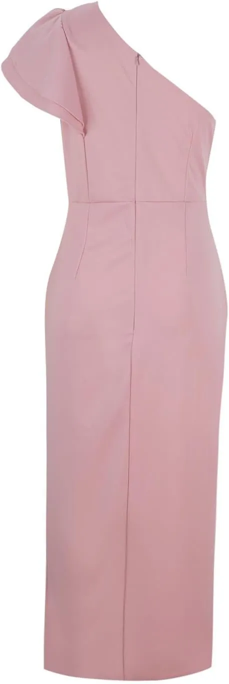 Women's Sexy One Shoulder Sleeveless Bodycon Midi Dresses Ruched Ruffle Sim Waist Split Cocktail Party Evening Dress