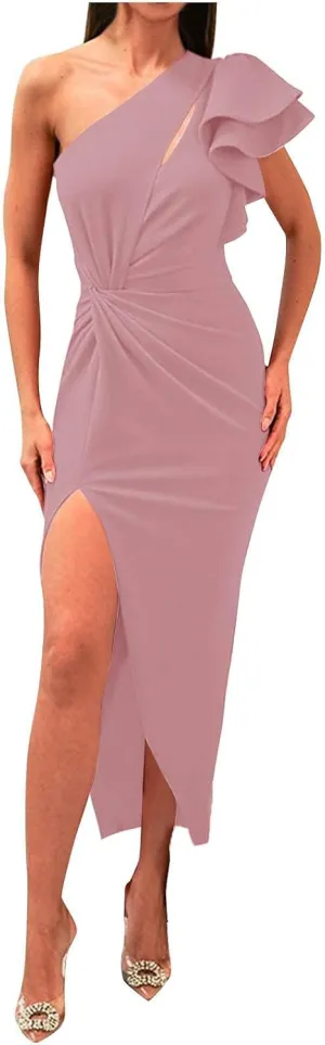 Women's Sexy One Shoulder Sleeveless Bodycon Midi Dresses Ruched Ruffle Sim Waist Split Cocktail Party Evening Dress