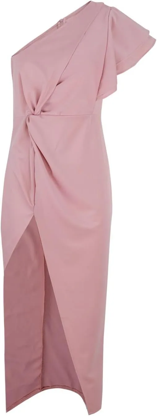 Women's Sexy One Shoulder Sleeveless Bodycon Midi Dresses Ruched Ruffle Sim Waist Split Cocktail Party Evening Dress