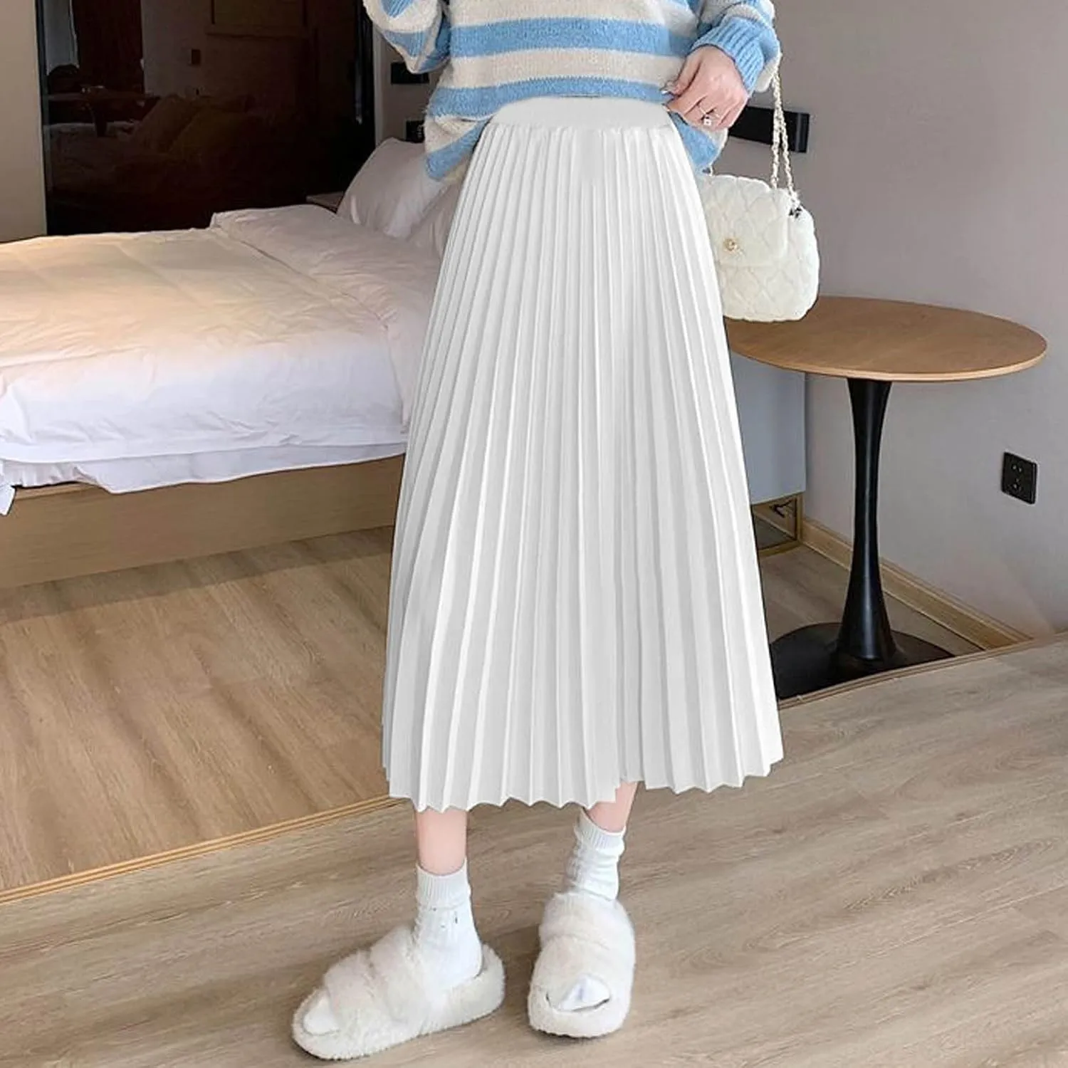 Womens Solid Color Swing Flowy Skirt High Waist Midi Long Shirring Pleated Skirts High Waisted A Line Elegant Skirts