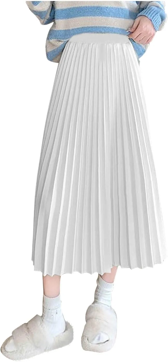 Womens Solid Color Swing Flowy Skirt High Waist Midi Long Shirring Pleated Skirts High Waisted A Line Elegant Skirts