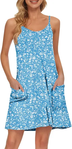Women's Spaghetti Strap Dress Summer Floral Print Sleeveless Sundress Casual Vacation Beach Dresses with Pockets