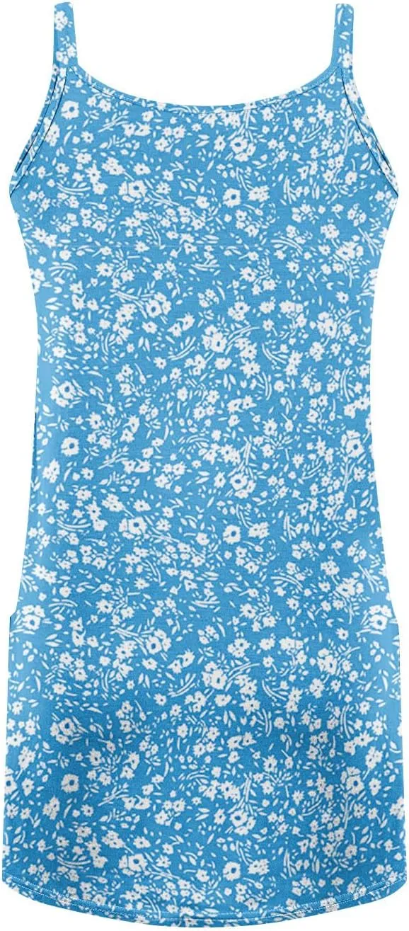 Women's Spaghetti Strap Dress Summer Floral Print Sleeveless Sundress Casual Vacation Beach Dresses with Pockets