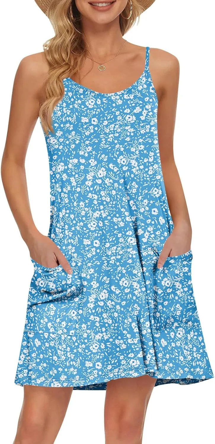 Women's Spaghetti Strap Dress Summer Floral Print Sleeveless Sundress Casual Vacation Beach Dresses with Pockets