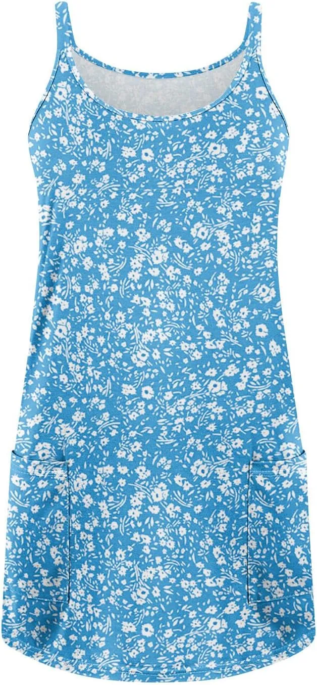 Women's Spaghetti Strap Dress Summer Floral Print Sleeveless Sundress Casual Vacation Beach Dresses with Pockets