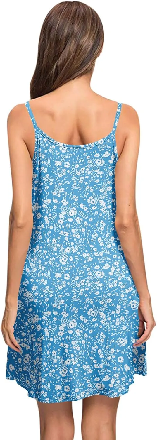 Women's Spaghetti Strap Dress Summer Floral Print Sleeveless Sundress Casual Vacation Beach Dresses with Pockets