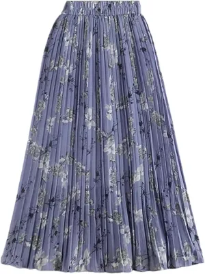 Women's Spring Summer Vintage Floral Print Pleated Skirt High Waist Beach Midi Skirts