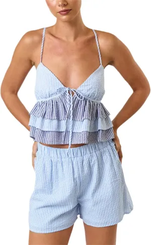 Womens Stripe Camisole Pajama Set V Neck Spaghetti Strap Layered Ruffle Tank Tops Striped Shorts 2 Piece Loungewear Set
